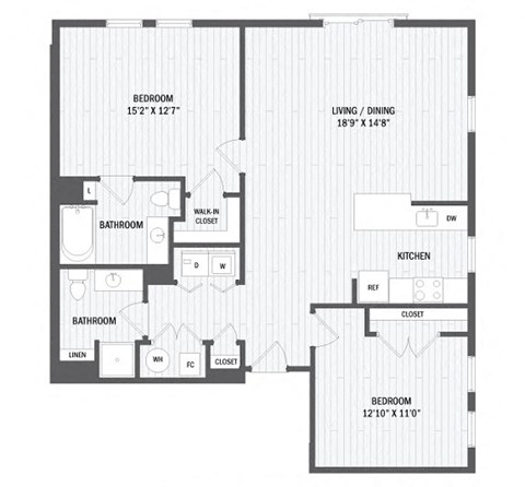 Floor plan for 2 beds, 2 baths, 1094 sqft